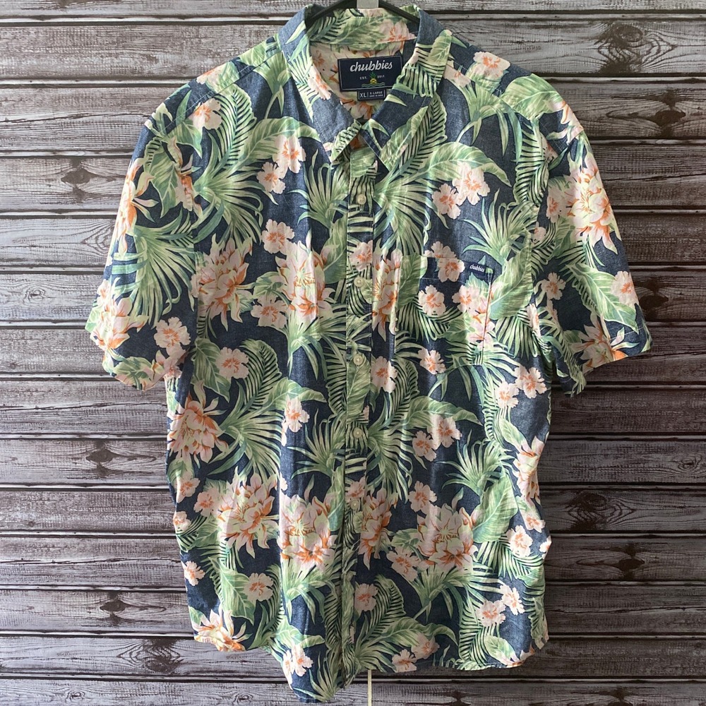 Chubbies Men's Short-Sleeved Button-Down Shirt Size XL Blue Tropical Regular Fit